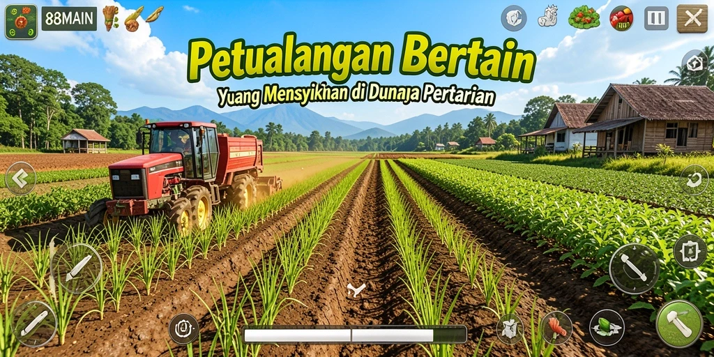 Tampilan gameplay 88MAIN dengan ladang subur dan aktivitas bertani yang seru.