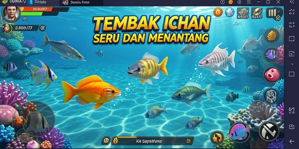 Tampilan gameplay DUNIA77 dengan ikan berwarna-warni dan aksi seru.