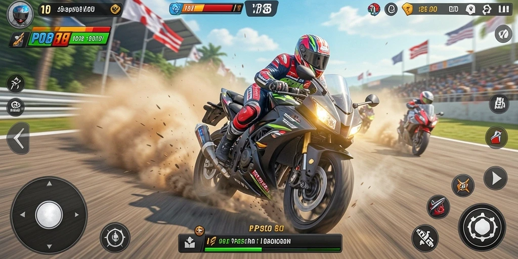 Screenshot menunjukkan balapan motor yang mendebarkan dengan grafis yang menakjubkan.