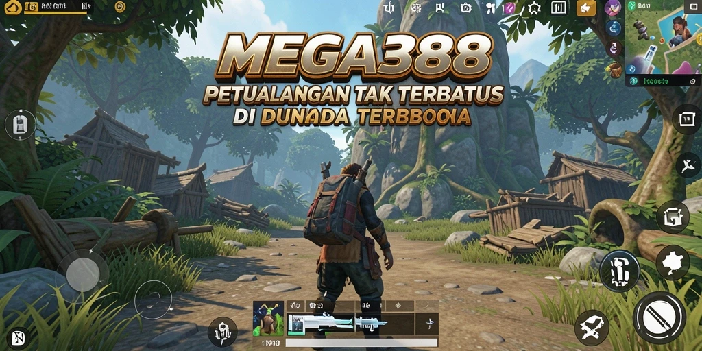 Screenshot dari gameplay MEGA388, menunjukkan dunia terbuka yang luas.