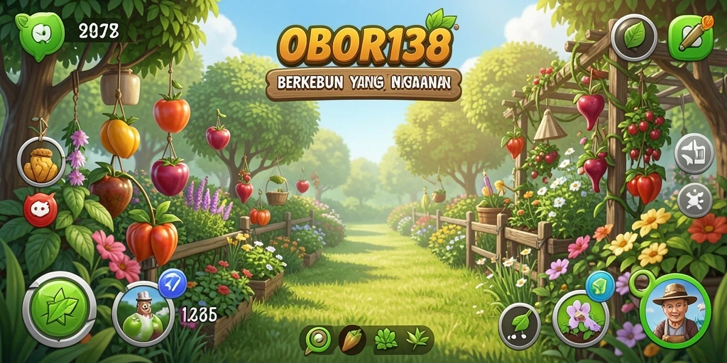 Screenshot gameplay OBOR138 yang menampilkan ladang yang subur dan hewan ternak yang bahagia.