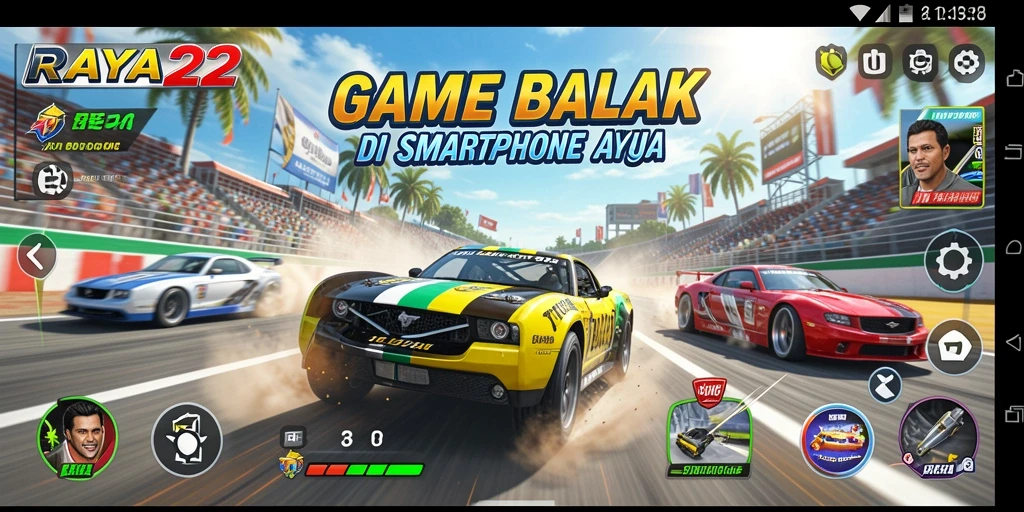 Gameplay RAYA22 dengan mobil balap di trek menantang.